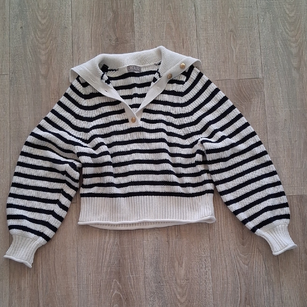 J. Crew Black and White Striped V-Neck Sweater